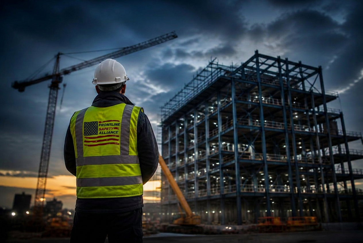 Safety supervisor overlooking a steel-frame construction site at dusk